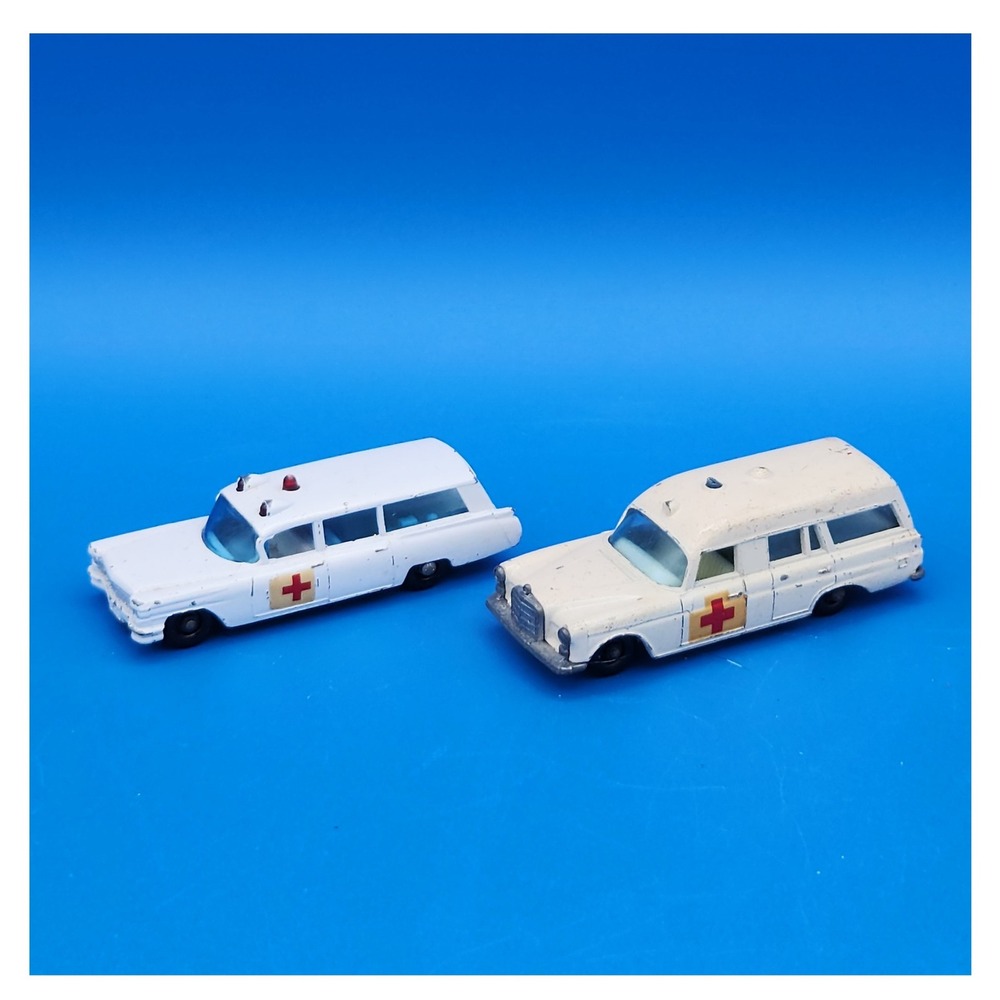 Vintage Matchbox S&S Cadillac Ambulance & Mercedes Benz " Binz" Ambulance